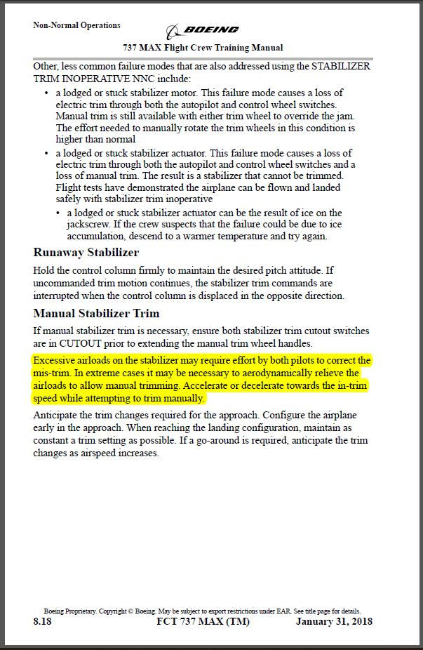 Boeing & FAA Knew Manual Stab Trim Was Unlikely At High Speed But Failed To Warn After Lion Air