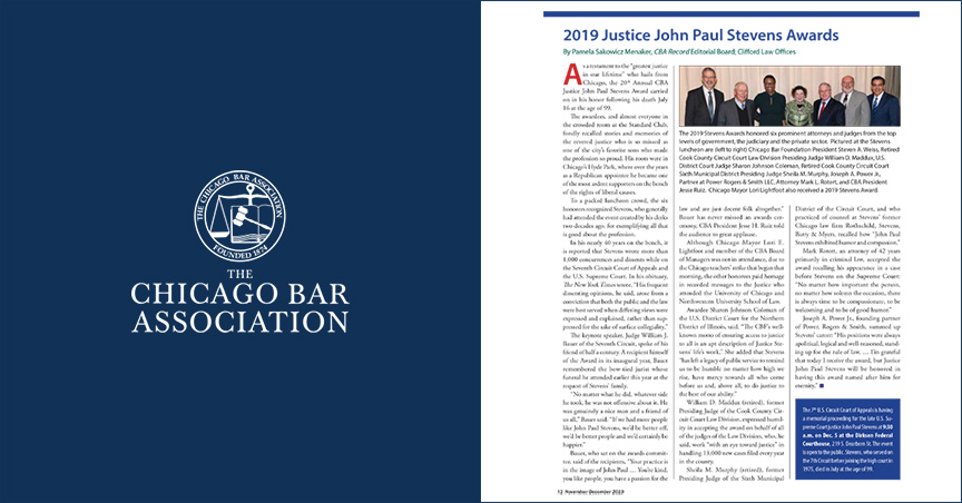 Pamela Sakowicz Menaker Writes for CBA Record on 2019 Justice John Paul Stevens Award