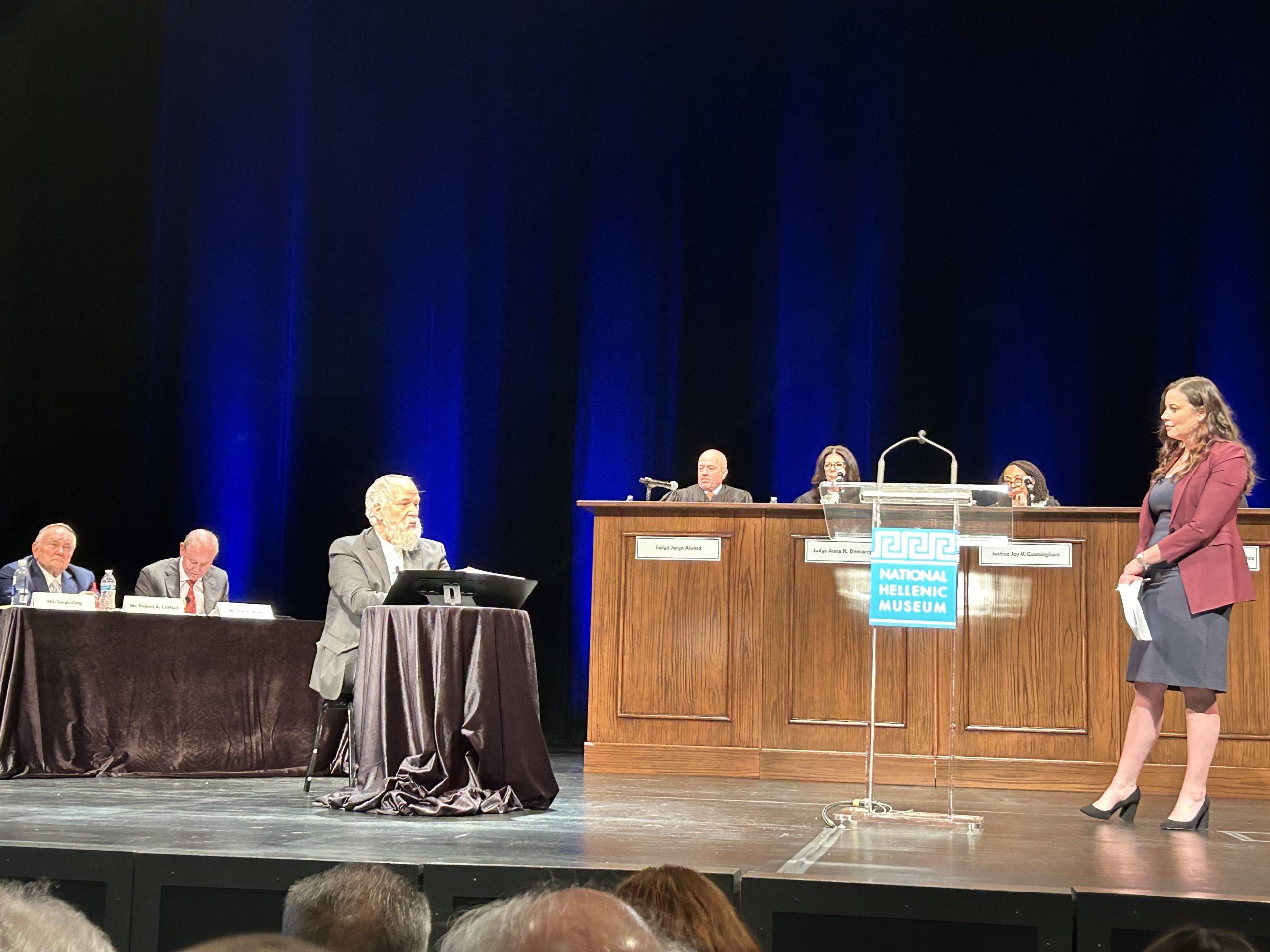 Sarah King conducts direct examination of Socrates during The Hellenic Museum's 2023 Trial of Socrates.