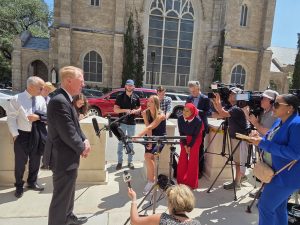 Paul Cassell, the attorney for families in the criminal case against Boeing, speaks to the press in front of the Texas federal district courthouse where a hearing was held before U.S. Court Judge Reed O’Connor.