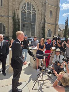 Paul Cassell, the attorney for families in the criminal case against Boeing, speaks to the press in front of the Texas federal district courthouse where a hearing was held before U.S. Court Judge Reed O’Connor.