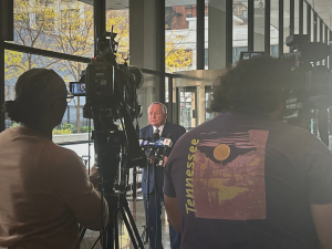 Robert Clifford speaks to the press following Boeing trial.