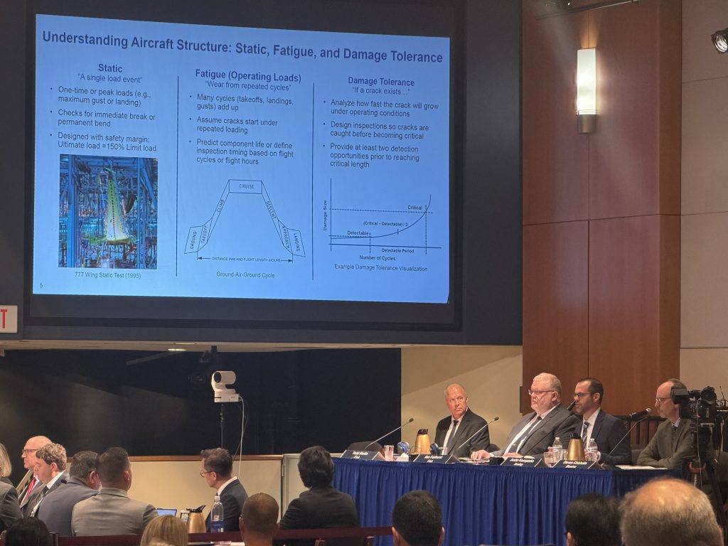 A representative from Boeing explains the aircraft structure of MD-11 at the second day of NTSB hearings.