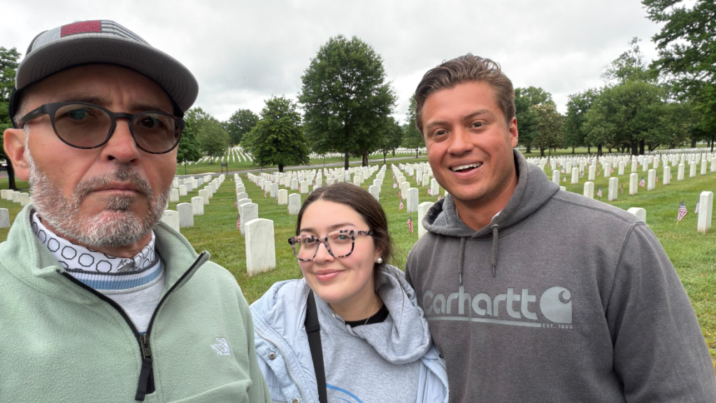 Benjamin Del Real, Sr., Sara Del Real, and Benjamin Del Real, Jr. at Arlington Cemetery on May 23, 2026, shortly before the shooting.